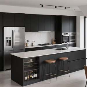 SANTOPOVA Modern U-Shaped Black <b>Kitchen</b> Cabinets <b>with</b> Marble Countertop and Integrated <b>Island</b> - Product Image 1