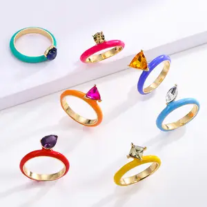 High quality fine ring jewelry Multicolor variety of crystal rhinestones cute and chic copper micro diamond dripping oil rings