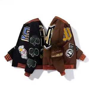 <b>Men's</b> Varsity <b>Jacket</b> Embroidered Patchwork Design Black Brown <b>Baseball</b> Style Casual Wear Turn-down Collar Regular Fit - Product Image 4