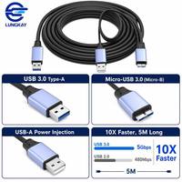 Cable USB 3.0 Tipo-A a Micro-B LUNG KAY OEM, 5Gbps SuperSpeed, 5M, Blindado, con Inyector de Energía para Disco Duro Externo y Cámara