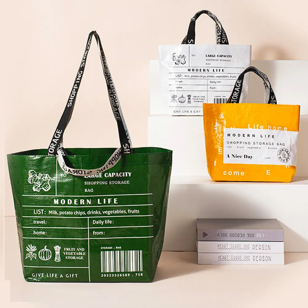 कस्टम लोगो मुद्रित पुनः प्रयोज्य लैमिनेटेड पीप बुने किराने की टोट खरीदारी बैग प्लास्टिक बैग प्लास्टिक बैग