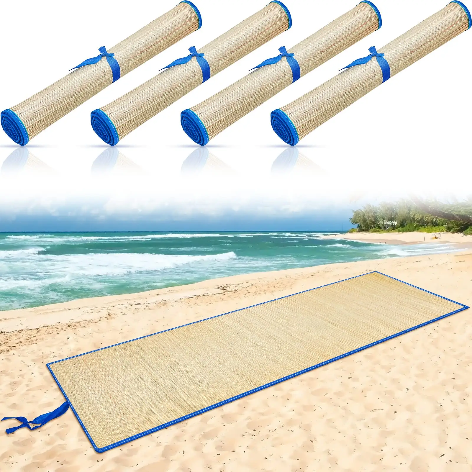 Custom Printed Natural Folded Cheap Portable European And American Straw Beach Mat Seaside Stra Straw Mat For Camping Hiking