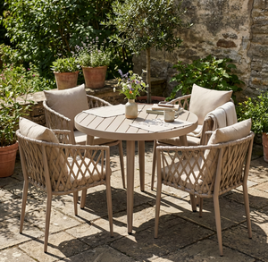 Set <span class=keywords><strong>da</strong></span> Pranzo <span class=keywords><strong>da</strong></span> <span class=keywords><strong>Giardino</strong></span> in Rattan Intrecciato a 5 Pezzi - Tavolo Rotondo con Sedie Imbottite - Product Image 1