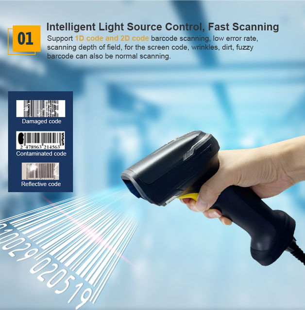 Rakinda Handheld 1D 2D 32-bit Wired USB Barcode Scanner with CMOS Sensor