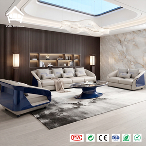 Ensemble de canapés 1-2-3 places en cuir véritable de luxe moderne, inspiré de l'industrie automobile, bleu roi brillant, solution de mobilier tout-en-un - Product Image 1