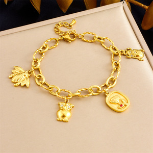Fashion Charm Bracelet 18K Gold Plated Stainless Steel Animal Owl Bee Ladybug Rose Pendant Women's Jewelry Gift - Product Image 1