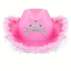 หมวกคาวเกิร์ลสีชมพูสไตล์ตะวันตกแบบใหม่สำหรับทุกเพศ หมวกเฟโดราทรงม้วนขอบขนนก สำหรับงานเทศกาล ปาร์ตี้ ตกปลา โดดเด่นด้วยความเป็นผู้หญิง - Product Image 4