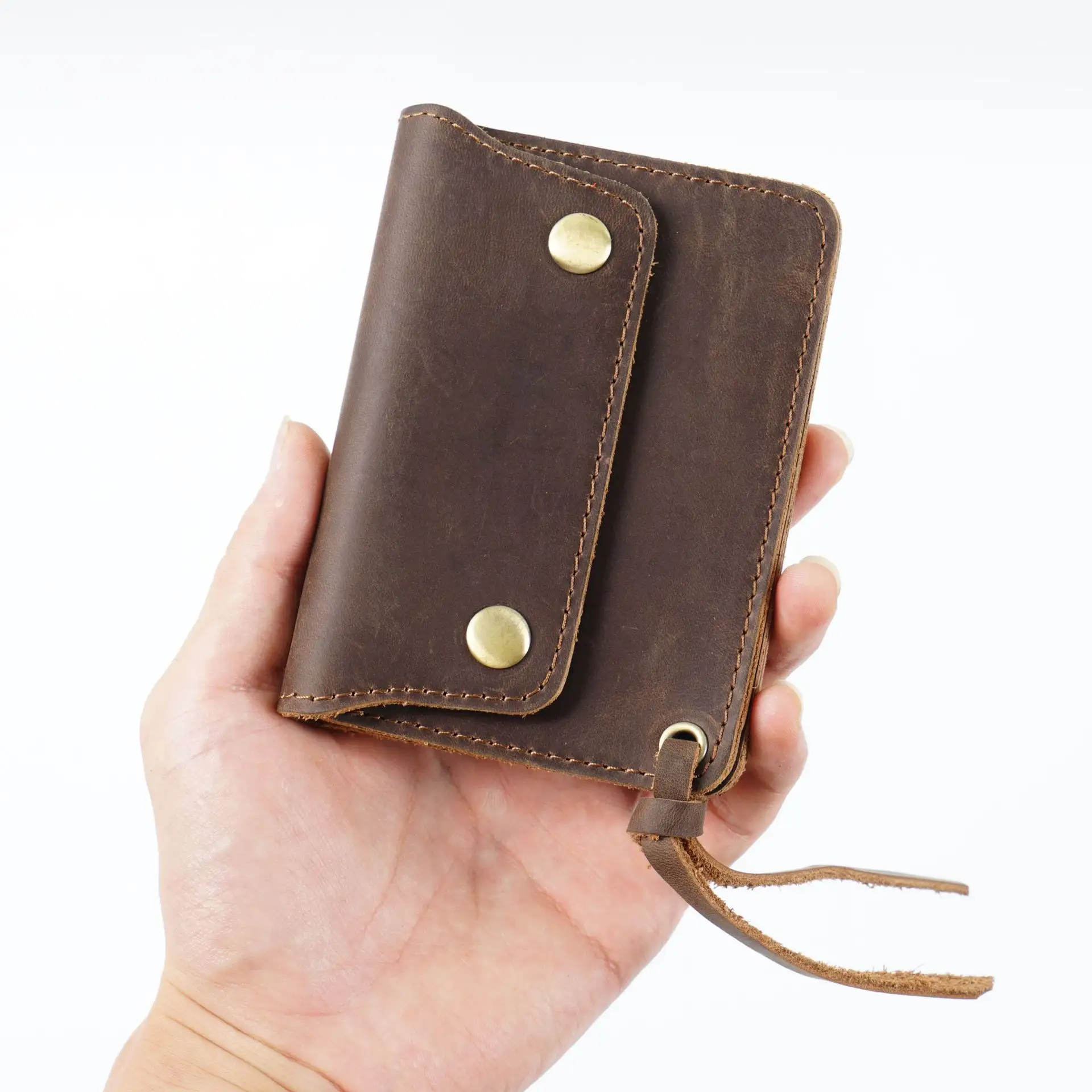 Dompet kulit asli pria, kapasitas besar buatan tangan gaya Vintage kulit asli lipat ganda dompet ritsleting