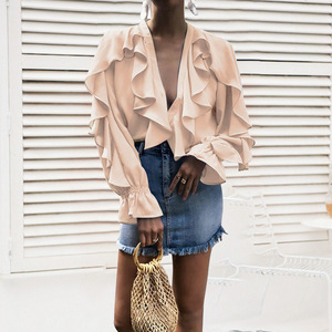 Automne été bureau dame solide col en v en mousseline de soie <span class=keywords><strong>Blouses</strong></span> femmes décontracté élégant volants Flare manches chemises hauts amples - Product Image 2