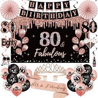 Décorations pour le 80e anniversaire, Bannière Joyeux 80e Anniversaire Or Rose et Noir, Couronne et Écharpe, Ballons, Décor de Fond, Spirales Suspendues, Éventails en Papier