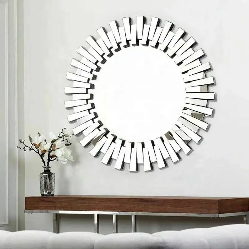 Wholesale custom frameless sun shaped flower 3D art wall mirror home luxury decor modern venetian diamond bathroom wall mirror
