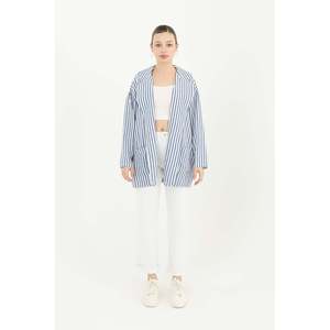Puane Women's Lightweight Striped <b>Linen</b> Jacket for Spring Summer - Casual Indigo Outerwear for Cool Evenings - Product Image 1