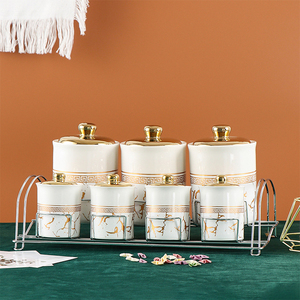 Home Küche Luxus Marmor Design <span class=keywords><strong>Gold</strong></span> 7PCS Keramik Tee Kaffee Zucker Luftdichte Lager behälter Gewürz glas <span class=keywords><strong>Set</strong></span> - Product Image 3