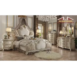 Longhao мебель высокого качества Роскошный Королевский стиль крем с золотой отделкой полный размер Спальня Набор для виллы