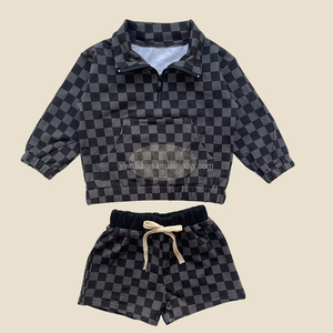 2025 Summer OEM <strong>Kids</strong> <strong>Normal</strong> Outfits Spring Clothing Sets Unisex Casual Suit Half Zip Pullover Sweater Set Checkered Shorts <strong>Kids</strong> - Product Image 3