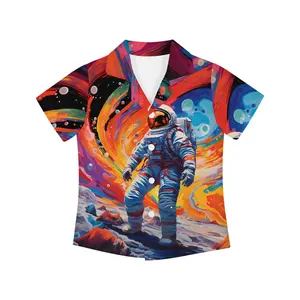 印花鲜艳色彩月亮降临宇航员夏威夷女孩衬衫男孩流行批发免费定制夏威夷阿罗哈衬衫