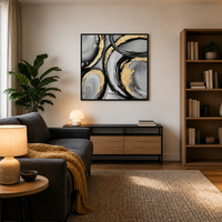 Lot de 3 tableaux abstraits noir, gris et or avec cadre en aluminium noir mat – Décoration moderne pour bureau, hall d'entrée et appartement en copropriété