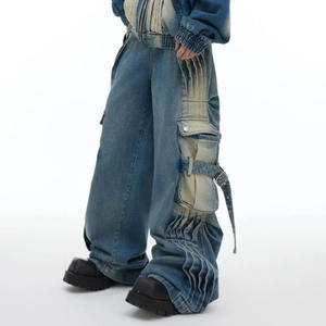 Fábrica Personalizar Crazy Denim Pantalones vaqueros de pierna ancha para hombre Diseño plisado Multi bolsillo Baggy Cargo Diseño Pantalones de mezclilla para hombres - Product Image 2