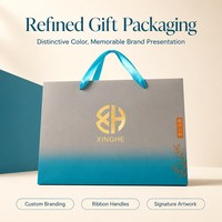 Sac cadeau en papier dégradé turquoise de qualité supérieure avec poignées en satin, logo en feuille d'or, étiquette à accent orange et emballage de vente au détail personnalisé