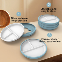 Assiettes en porcelaine antidérapantes pour enfants avec manchons en silicone Assiette à dîner pour bébé en céramique enveloppée de silicone avec aspiration pour les tout-petits