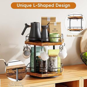 Wooden And Wrought Iron <b>Spice</b> <b>Rack</b> Double Layer <b>Rotating</b> Storage Tray Rustic Kitchen Organizer - Product Image 3