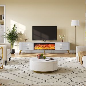 Mueble de TV de Madera Maciza Blanca de Lujo, Chimenea con Llama Simulada en 3D, Estufa Integrada, Decoración para Sala de Estar - Product Image 4