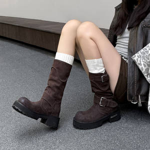 Retro French Classic <b>Closed</b> <b>Toe</b> Thick-Sole Chunky <b>Heels</b> Double Belt Buckle Midi Heeled Women's Boots - Product Image 3