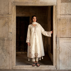 Ensemble indien pakistanais brodé crème, longue kurta, châle et pantalon à franges, tenue traditionnelle pour mariage et festival - Product Image 1