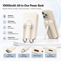 Batterie externe magnétique ultra-fine 10000mAh, chargeur portable avec câble USB-C intégré et support pliable, charge rapide 22.5W