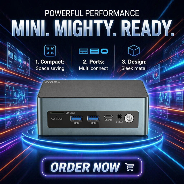 INYUDA Intel Core Ultra 5 225H AI Mini PC 16GB DDR5 256GB SSD Silent Gaming Win11 Linux Desktop for Office