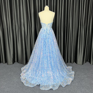 Robe de bal bleue à bretelles perlées, col en V profond, corsage brillant, dos lacé Hx129 - Product Image 5
