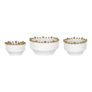 Set di tre ciotole moderne in ceramica bianca con bordo decorato a perline, ideali per servire, come centrotavola per tavolino da caffè o piano cucina. - Product Image 1
