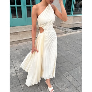 Custom Women One Shoulder Pleated Maxi <b>Dress</b> Waist Cutout Asymmetrical Hem Evening Party Wedding Guest Gown - Product Image 2