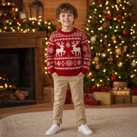Pull de Noël en tricot pour garçons, motif renne et flocon de neige Fair Isle, à manches longues, bordure côtelée, pull de fête pour enfants, pull rouge