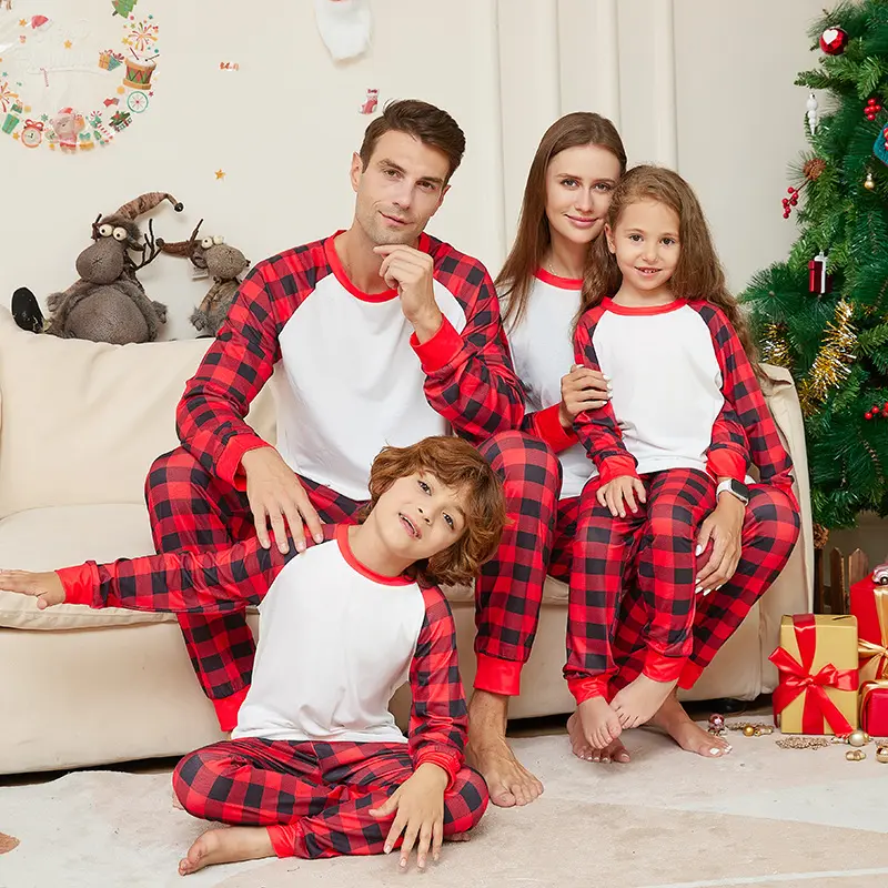 Atacado Combinando Pijama De Natal para Família Algodão Manga Longa Top Calças Xadrez Pais Criança Natal Pijama Set