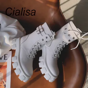 Cialisa 2022 Wit Herfst Winter Echt Leer Martens Enkellaarsjes Dikke Platform Chunky Hakken Vrouw Schoenen