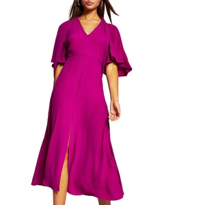 Vestido Midi Elegante de Gasa para Mujer, Color Morado, Cuello de Corbata, Manga con Vuelo, Abertura en el Dobladillo - Product Image 3