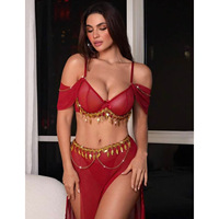 Ensemble de lingerie 3 pièces pour femme, style exotique, avec chaîne à pampilles dorées, haut épaules dénudées, jupe longue fendue en maille transparente, tenue intime