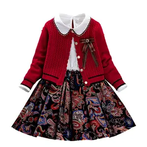 Children'S Clothing New Design Autumn Knit Sweater cardigan dress Two Piece Suit Girls Sweater jacket And dress