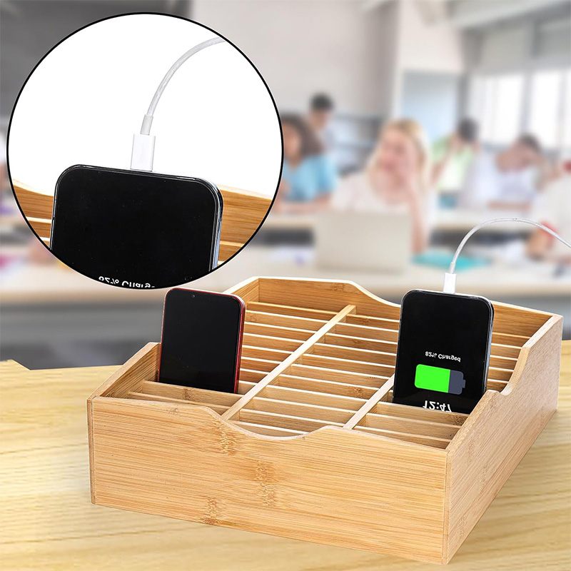 Cell Phone Storage Box 24/48 Grid Wooden Mobile Phone Organizer Desktop