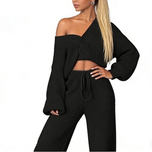 Ensemble de 2 pièces pour femmes, cardigan uni à manches longues en tricot et pantalon, mode décontractée - Product Image 1