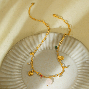 Summer Hohemia <strong>Pink</strong> Natural Stone <strong>Heart</strong> Beaded <strong>Pendant</strong> <strong>Necklace</strong> Gold Stainless Steel Fashion Jewelry