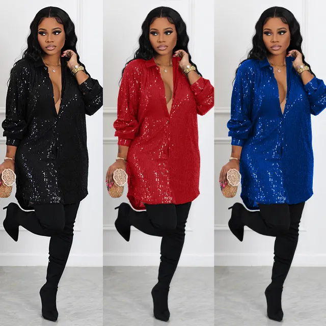 GX275 New Arrivals 2023 Boutique Clothing Women Sexy Shirt Dresses Long Sleeve Solid Color Sequin Loose Dress