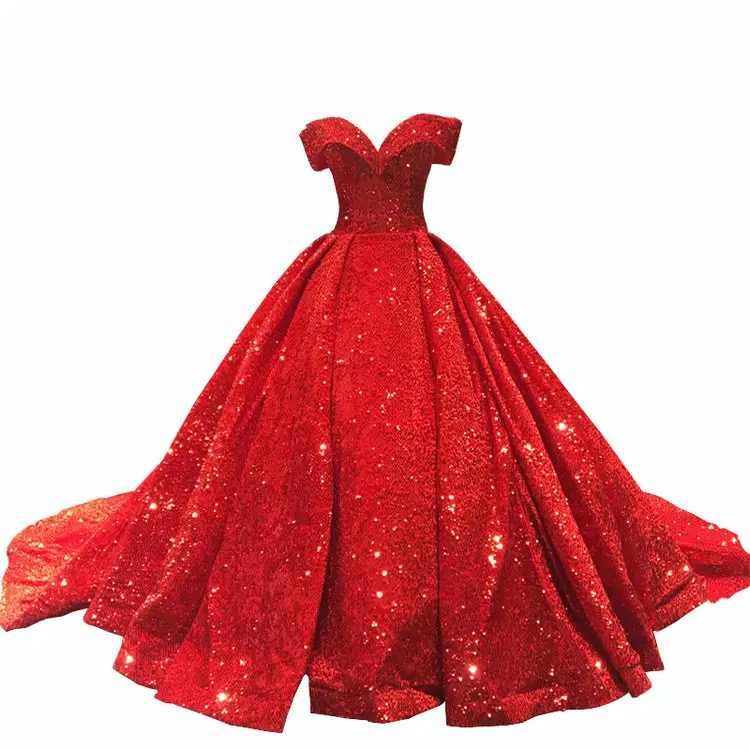 Qushine moda donna paillettes perline abiti da sposa Maxi abito da ballo rosso coda lunga paillettes