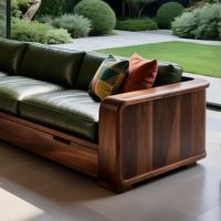 Canapé trois places en bois massif, grand modèle pour salon, en noyer noir et cuir véritable, idéal pour gîte, hôtel, villa