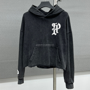 เสื้อฮู้ดดี้ผ้าฝ้ายหนานุ่มสไตล์วินเทจ ทรงครอปโอเวอร์ไซส์ แต่งลายปักแบบหนักพิเศษ ซักย้อมสีแบบแอซิดวอช สำหรับผู้ชาย - Product Image 4