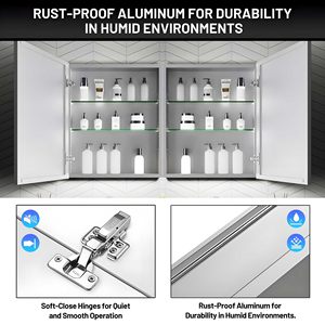 Gabinete moderno de espejo montado en la pared para baño de doble puerta con almacenamiento espacioso y reflejo cristalino - Product Image 6