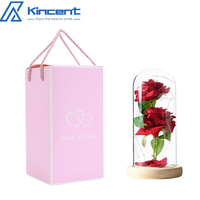 Hadiah mawar bunga buatan ganda, dengan penutup kaca Hari Valentine hadiah Natal bunga dekorasi