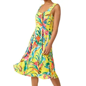 Trendy New Sexy Sommer Frauen Ärmellose Strand Urlaub Midi Kleider Gelb Tropical Print Stretch Panel Kleid