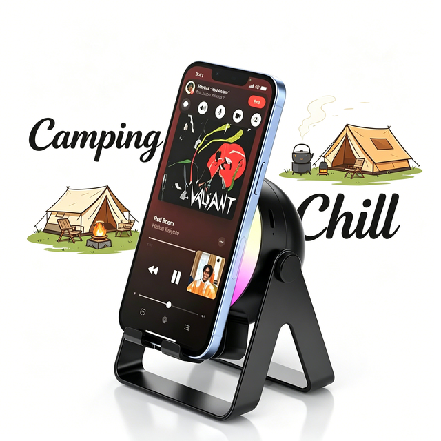 2025 New  5.3 Speaker, Color LED Light-Sensing Mini Subwoofer, 360° Rotation Battery-Powered Desktop Phone Stand